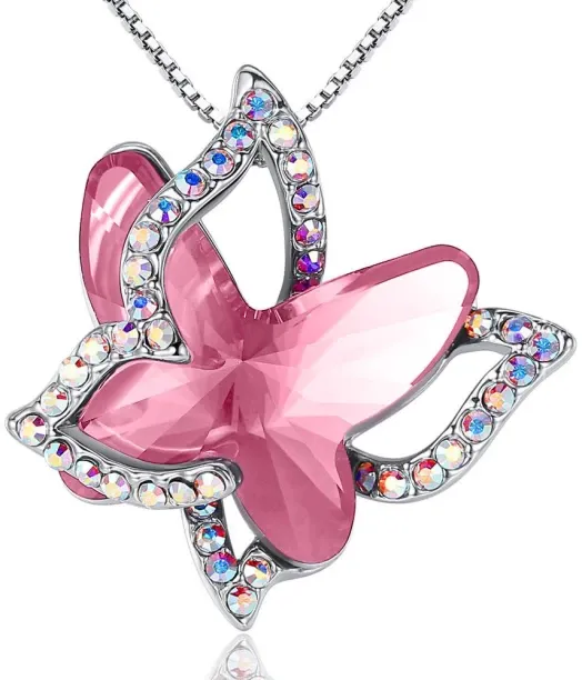 Kaisi Butterfly Birthstone Crystal Necklace Birthstone Pendant Crystal Silver Plated Alloy Necklace
