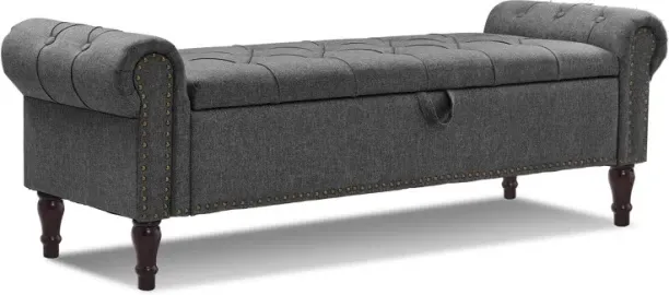 HOEMVALUE Stint Linen Dark Grey Ottoman (152cm) Queen Size Engineered Wood Standard Ottoman