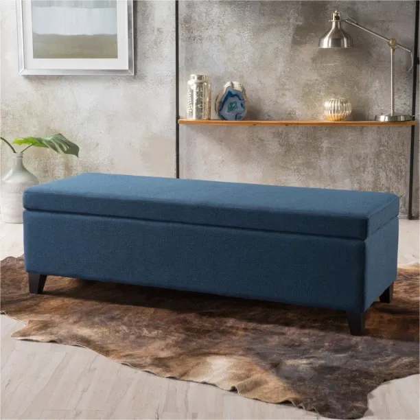 Eco-Nest Essentials Benson Wide Rectangle Storage Ottoman (137cm) Double Size Navy Blue Polyester E…