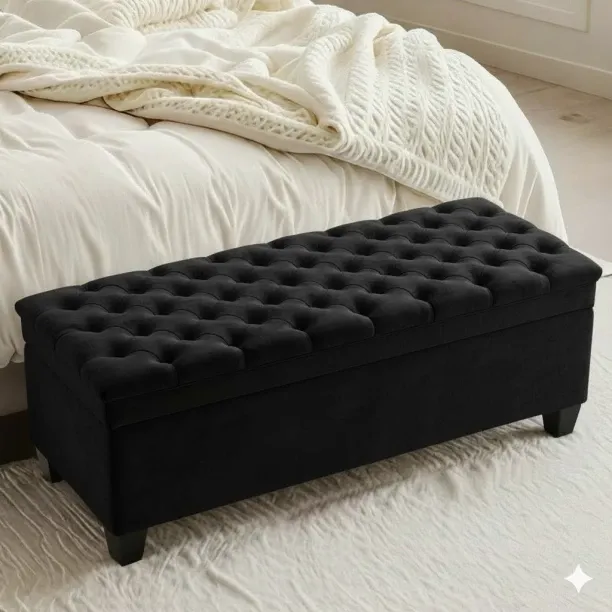 Eco-Nest Essentials Celine Black Velvet Upholstered Storage Ottoman Three Quarter Size (107 cm) Fab…