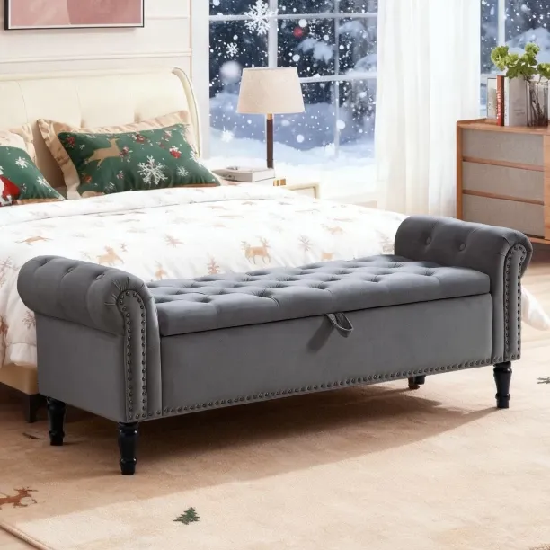 Eco-Nest Essentials Dark Grey Velvet Upholstered Storage Ottoman Queen Size (152 cm) Fabric Standar…