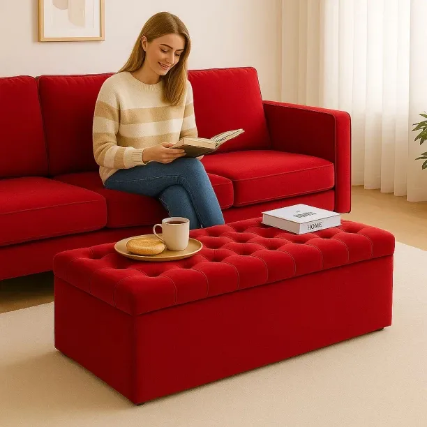 HOMEVALUE Vanetta Red Velvet (90cm) Single Size Ottoman Storage Box Engineered Wood Standard Ottoman