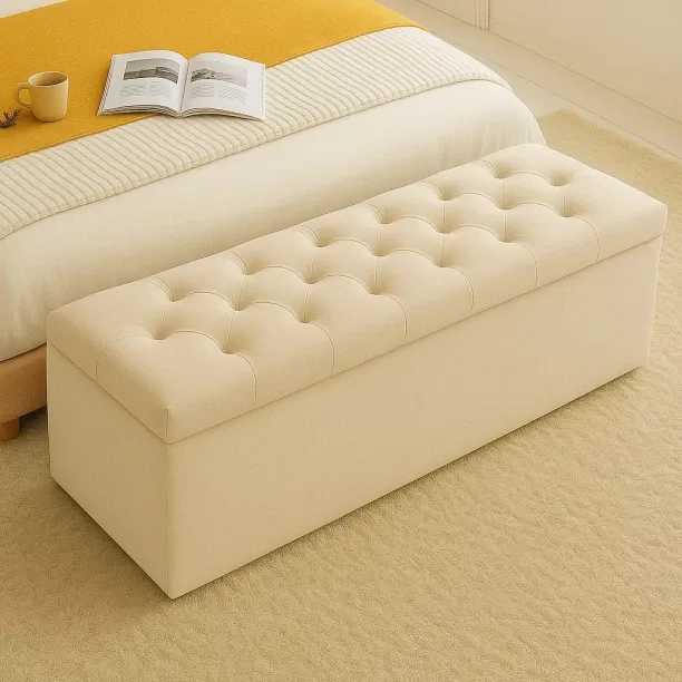 HOMEVALUE Vanetta Beige Velvet (137cm) Double Size Ottoman Storage Box Engineered Wood Standard Ott…