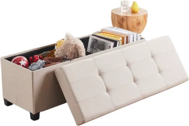 Eco-Nest Essentials Madellin Beige Linen Upholstered Storage Ottoman King Size (183 cm) Fabric Stan…