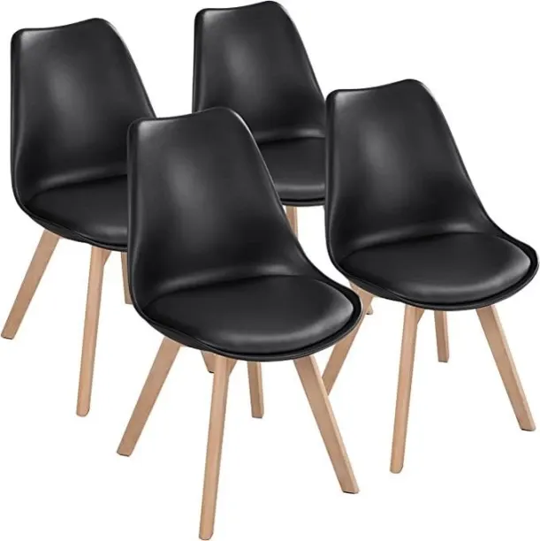 SMTE Dining Chairs with Cushion Seat, Wooden Legs- Set of 4 - Black Leather Cafeteria Chair