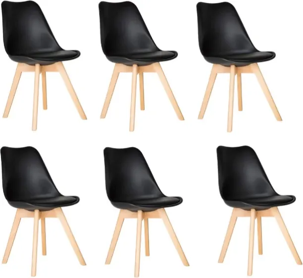 SMTE Dining Chairs - Cushioned Seat / Wooden Legs - 6 Pack - - Black Leather Cafeteria Chair
