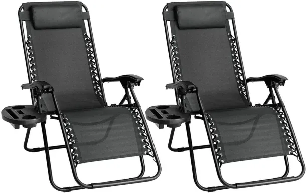 GL Set of 2 Outdoor Folding Reclining Lounger Chairs – Black Zero Gravity Patio Chairs Rope Lounge …