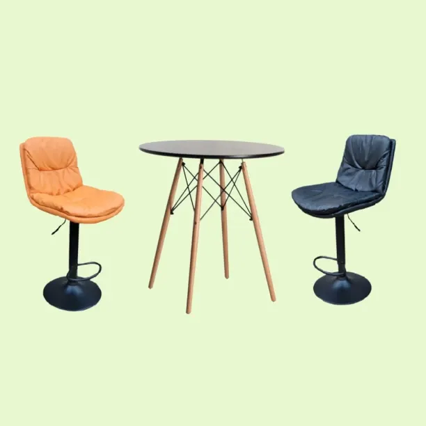 SMTE Soft Padded Perla Black Based Bar Stool and Black Wooden Table Set - Orange Leather Table & Ch…
