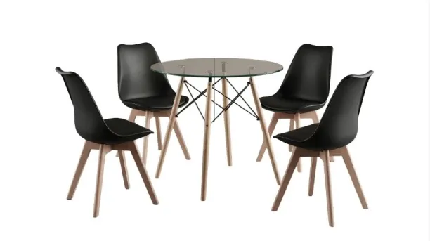 Premium Modern Round Glass Dining Table Set with 4 Scandinavian Chairs – Contemporary Kitchen & Din…