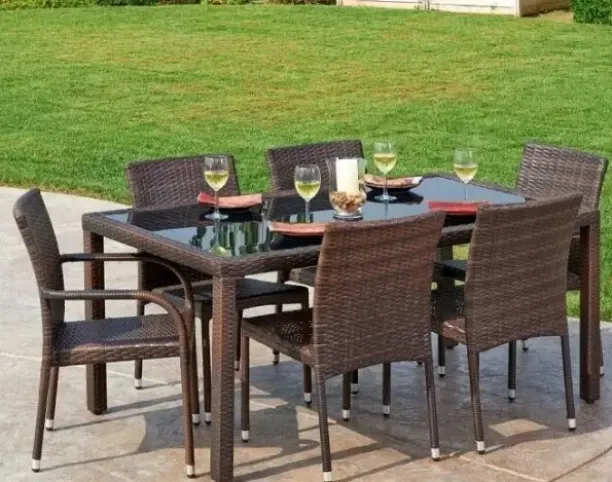 Patio Furniture 6 Seater Wicker Patio Outdoor Furniture Set Dining Table and Chairs Natural Fiber T…