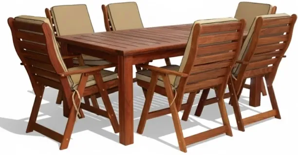 Generic Zambezi Teak Patio Dining Set 6-Seater 1800mm | x1 Table + x6 Highback Chairs (Beige Cushio…