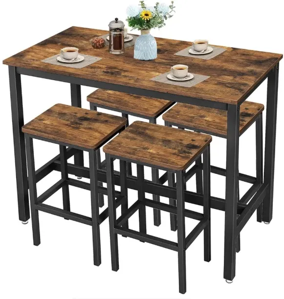 TP Decor Bar Table Stool Set Dining Table Set 4 Chairs Kitchen Counter Bench Solid Wood Table & Cha…