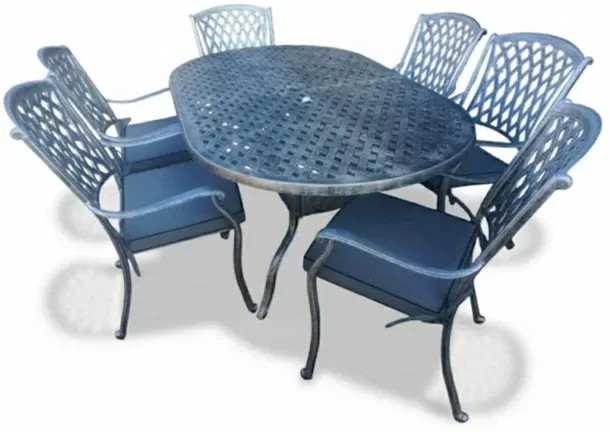 Generic Aluminium Dining Set 6-Seater Oval (Silver, Charcoal Cushions) Plastic Outdoor Bar Set