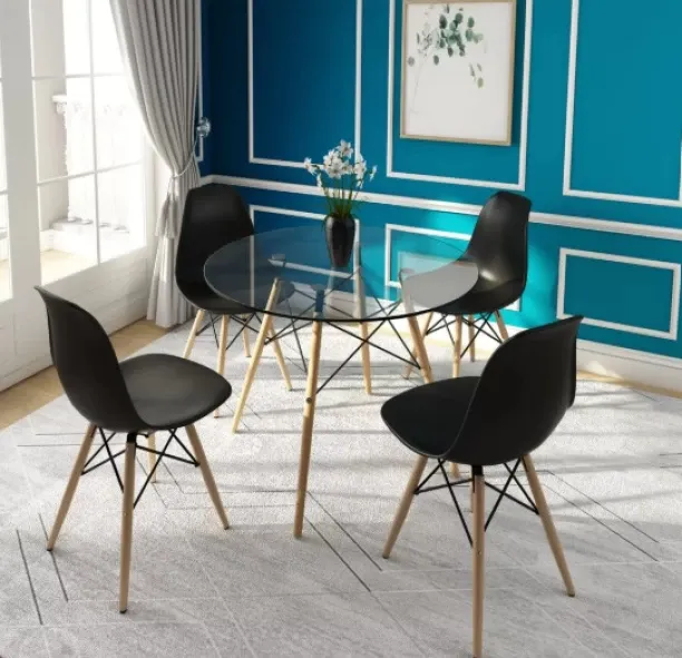 Fur Home Round dining table with a shatter-resistant glass top and wooden legs Glass Table & Chair …
