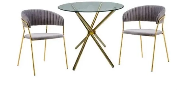 Premium Round Glass Table with 2 Modern Velvet and Gold Metal Dining Chairs Leather Table & Chair S…
