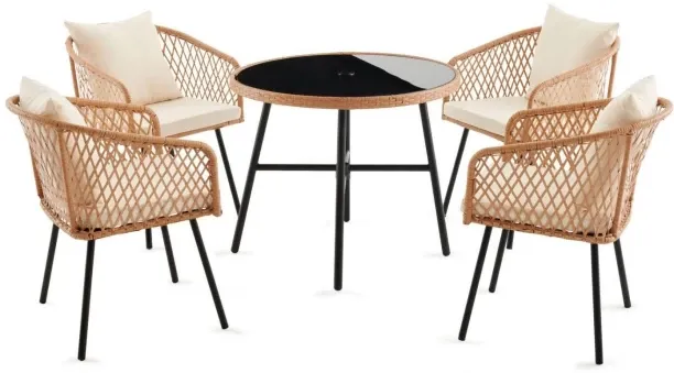 Minhaj Homeware 5 Piece Patio Dining Table Set with Umbrella Hole, Rattan Outdoor Furniture Set Bam…
