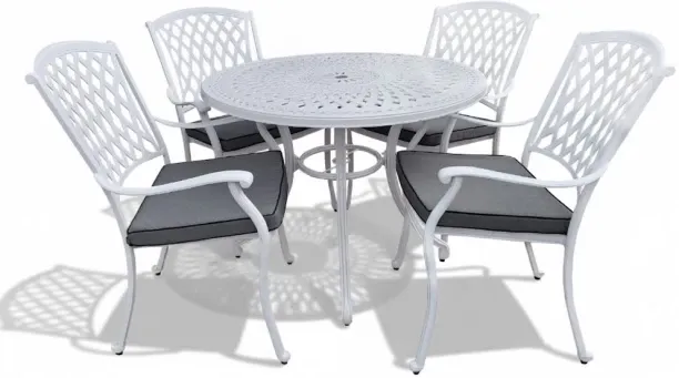 Generic Aluminium Dining Set 4-Seater 1000mm Round (White, Charcoal Cushions) Plastic Outdoor Bar S…