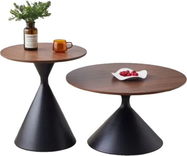 Generic FU3338 2-Piece Coffee Round Table with Walnut Wooden-Look Top and Black Steel Base Coffee T…