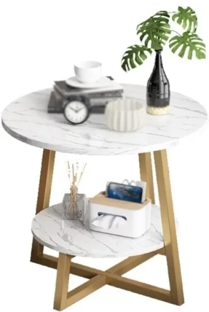 Luxury 2 Tier Coffee Table with Marble Effect Top and Shelf, Modern Round Side Tables for Office or…