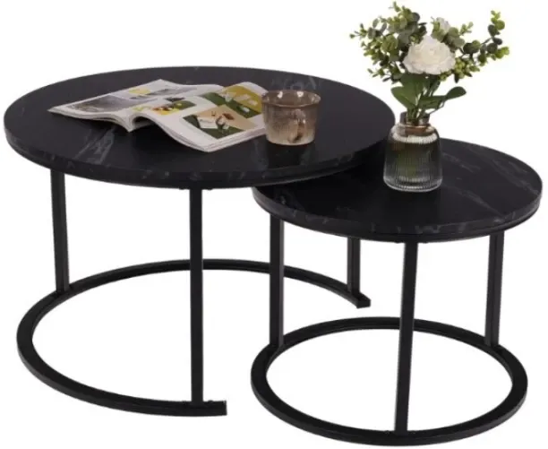Luxury Set of 2 Round Wooden Top Coffee Table with Black Metal Frame, Living Room, Coffee Table Set…