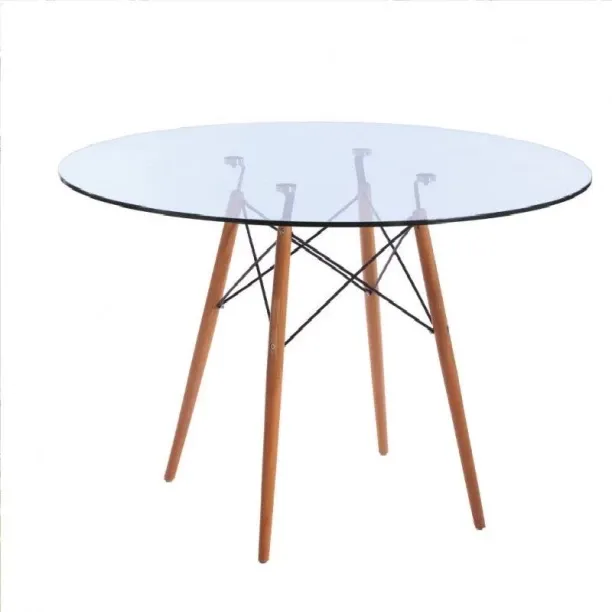 SMTE 80cm Glass Table with Wooden Legs Patio Dining Table