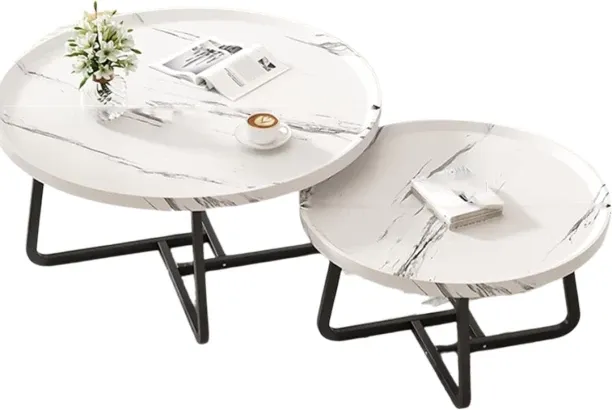 Generic FU3016-70 2-Piece White Marble Table Top with Black Metal Leg Coffee Table Set 40x50cm and …