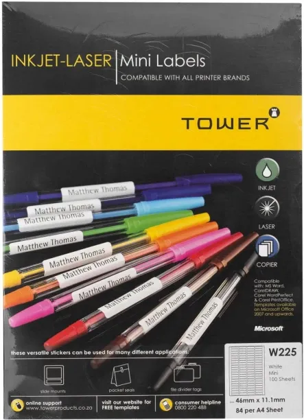 TOWER Mini Inkjet-Laser Labels 46 x 11.1 mm Self Adhesive Paper Label
