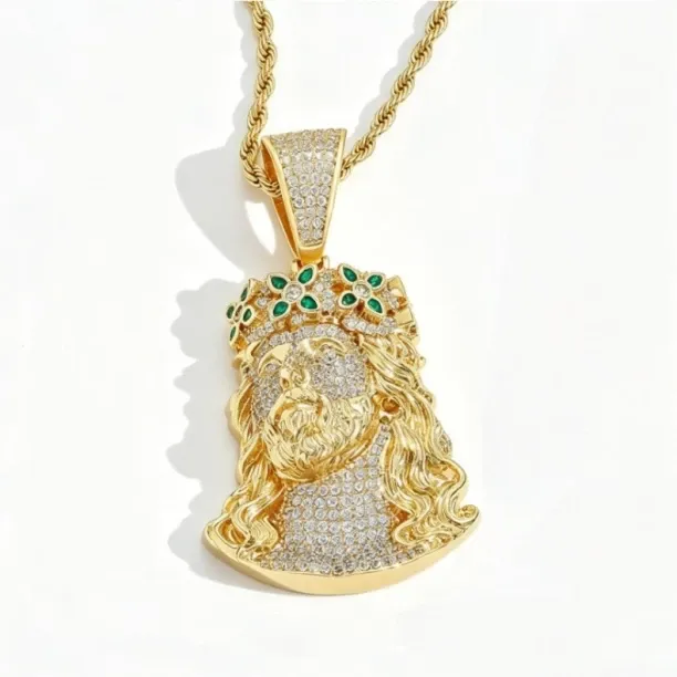 Vanja Green Crown Iced Out Jesus Piece Pendant Gold Hip Hop Necklace Gold-plated Beryl Alloy