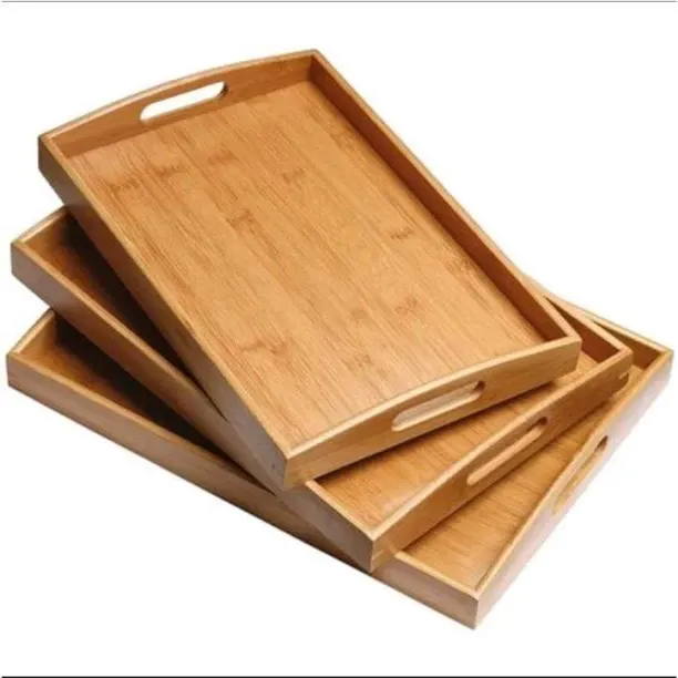 3 Piece Sturdy Rectangle Wooden Tray Set Tray