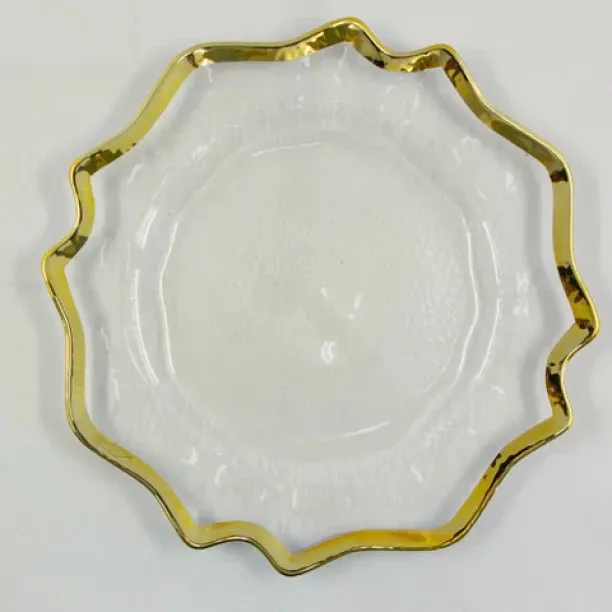 JUSTSIMPLIFIED Clear Glass Charger Plate with Wavy Gold Rim Charger Plate