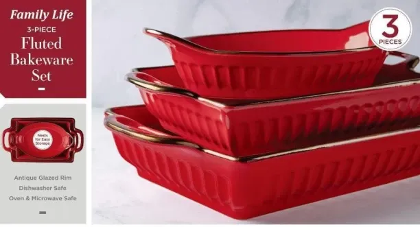 Family Life Ceramic Fluted Bakeware Set 3 PCS Baking Dish