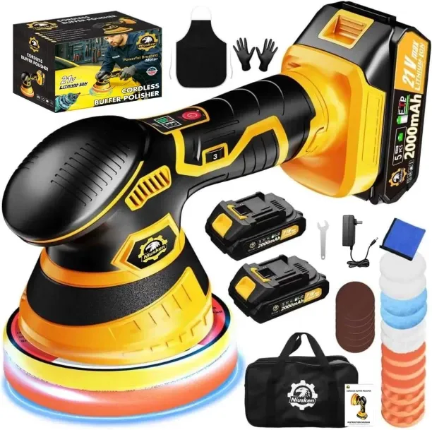 Bloo Cordless Car Buffer Polisher kit [2x 2000mAh 21V Batteries & 18 PCS Attachments] Bench Polisher