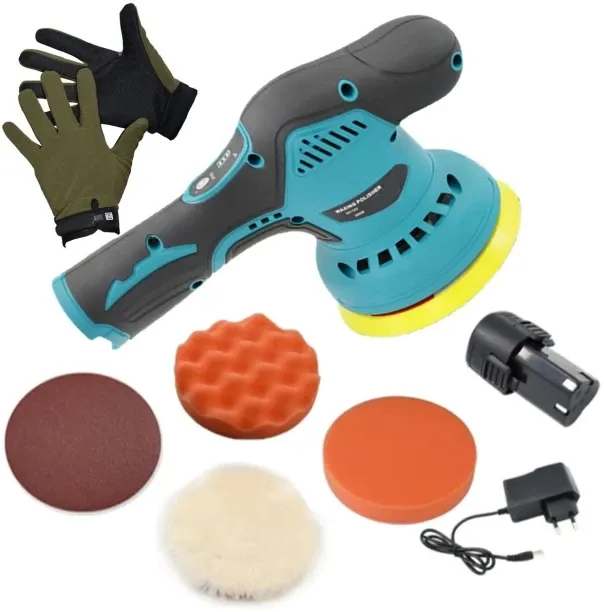 MS 8 Speed Cordless Wax Buff & Polish Machine With 1 Battery, 4 Pads & Gloves- Rotary Polisher, Rot…