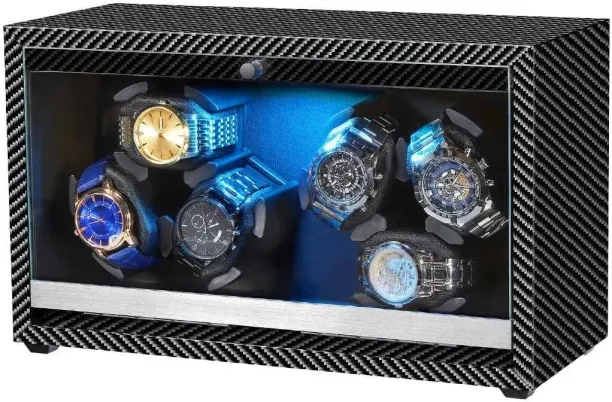 Flycross Watch Winder 6 with LED and Super Quiet Motor 4 Rotating Modes, Wooden Watch Storage Case …