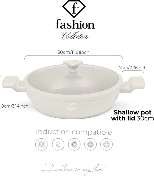 Fashion by Berlinger Haus 30cm TitanPro Non-Stick Shallow Pot with Lid - Cream Pot with Lid 2 L cap…