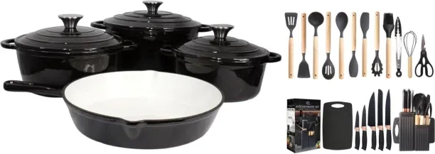 LA Signature 27 Piece Cast Iron Black Non-Stick Coated Cookware Pot Set with Lid 25 L capacity