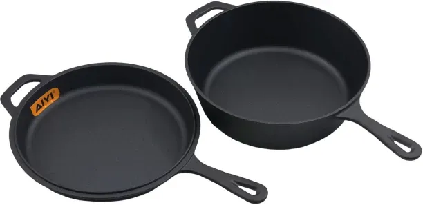 AIYI 2 Piece Cast Iron Skillet & Grill Pan Set AY377-002 Pot with Lid 4 L capacity 26 cm diameter