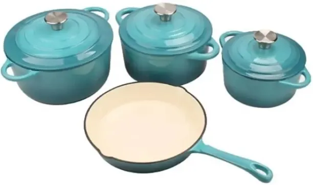 Premium 7 Piece Cast Iron Dutch Oven Cookware Pot & Stout Pan Set (Light Blue Colour) Pan with Lid …