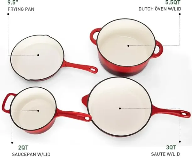 Authentic 7 Piece Cast Iron Dutch Oven Cookware Pot Set - Red Cast Iron Cookware Set KA-CS07 Pot Se…