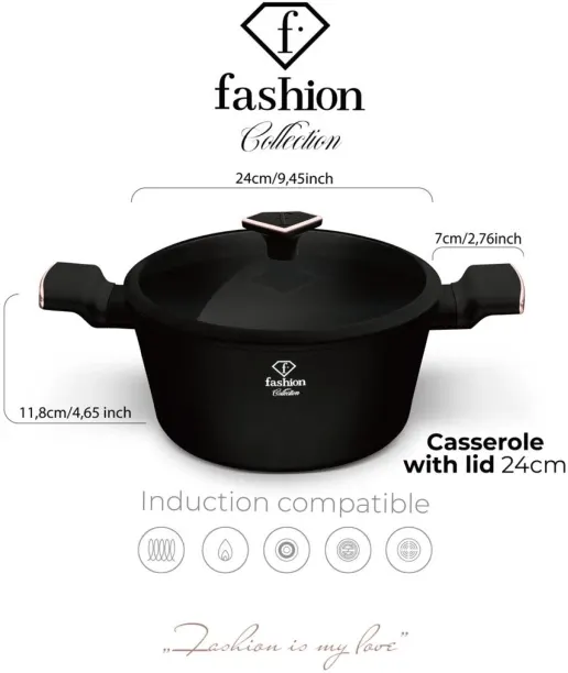 Fashion by Berlinger Haus 24cm TitanPro Non-Stick Casserole with Lid - Matte Black Pot with Lid 2 L…