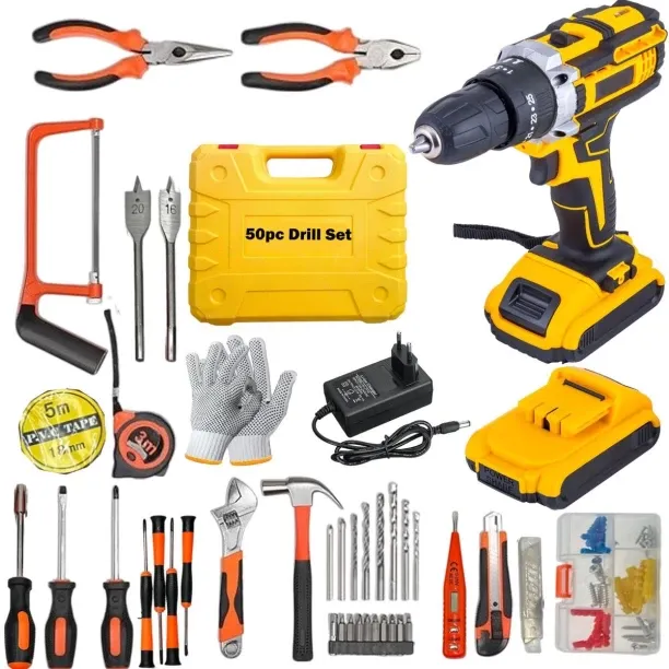 MS Wireless 50 Pc Drill & Tool Set With 2 x Li-On Battery Pack, Case & Gloves- Cordless Drill