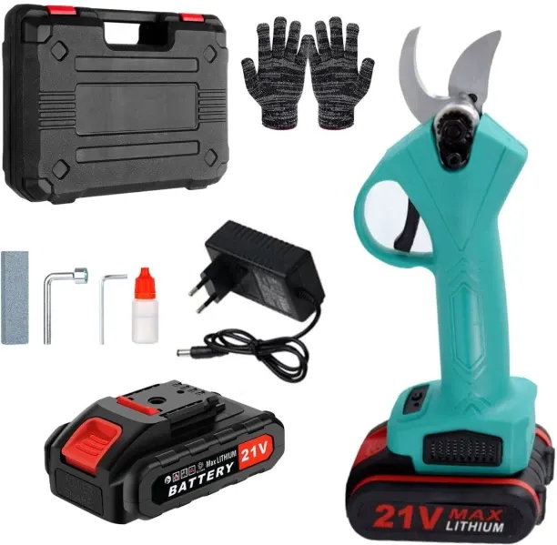 MS Green 21V Cordless Electric Pruning Shears with Gloves, 2 Batteries & Case / Scissors