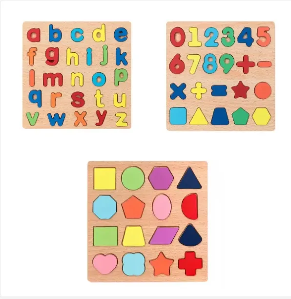 Liora Collections Puzzles for Toddlers 4 Pack Alphabet Number 3D Learning Puzzles Wooden Puzzles