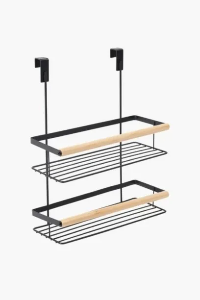 Aura Metal & Bamboo Over Door Shower Caddy – Black Bathroom Organiser Steel Rack Shelf