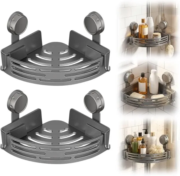 WEIWEISTORE Suction Cup Corner Shower Caddy with Hooks, No Drilling Bathroom Shelf, Upgraded Triang…