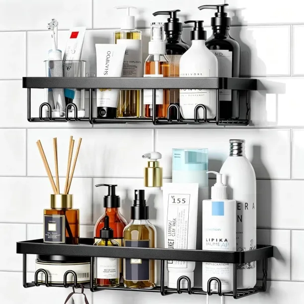 Wagu drum Shower Caddy Shelf Organizer Rack, Self Adhesive Black Bathroom Shelves Basket, Home Farm…