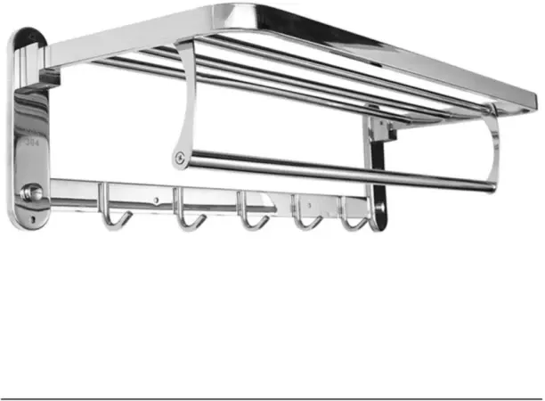 PrimePickSA Stainless Steel Bathroom Towel Rack with Shelf & Hooks - Wall-Mounted Organiser Alumini…