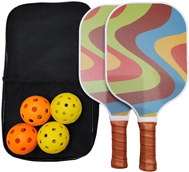 Umlozi Pickleball Set Of 2 x Fiberglass Paddles, 4 Pickleball Balls & Classic Carry Bag - 70's Desi…