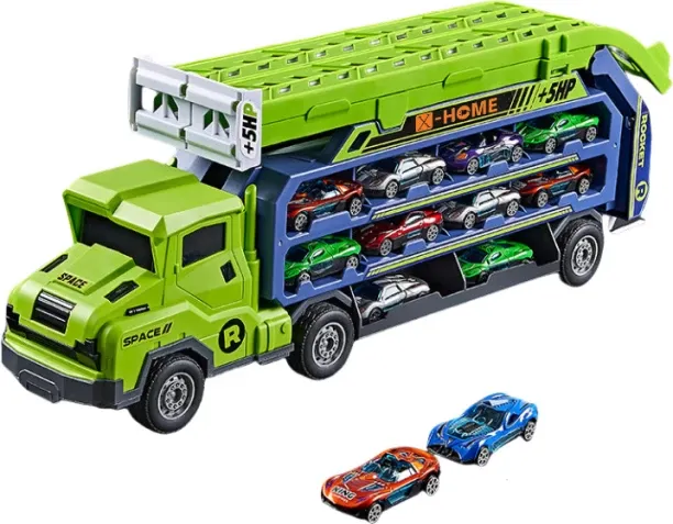 X-HOME Kids Hot Car Carrier Truck & Vertical Racing Tracks and 12 Racing Cars - Green Role Play Toy
