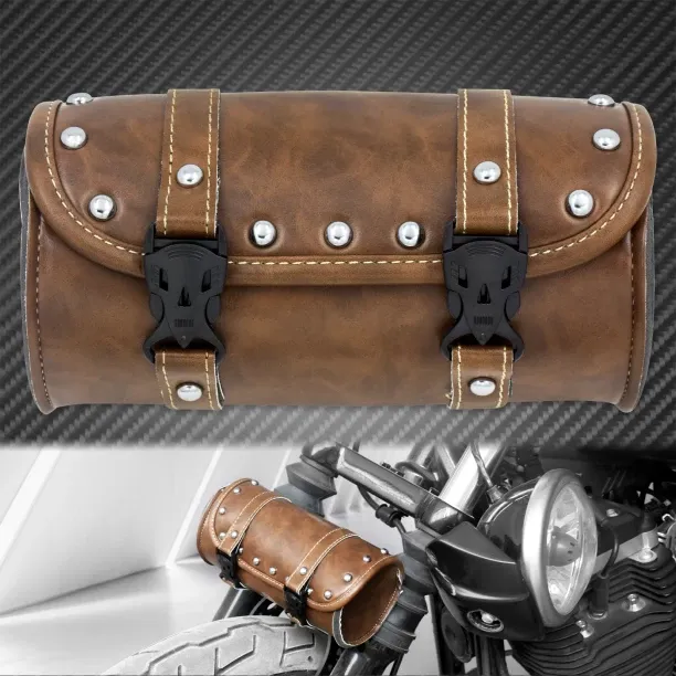 MAX (Bag D)Motorcycle Hanging Saddlebag PU Leather Front Fork Tail Tool Storage Bag Luggage Univers…